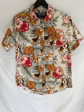 Hot Topic Tropical Corgi Vibes Floral Aloha Beach Shirt Size Small Cotton